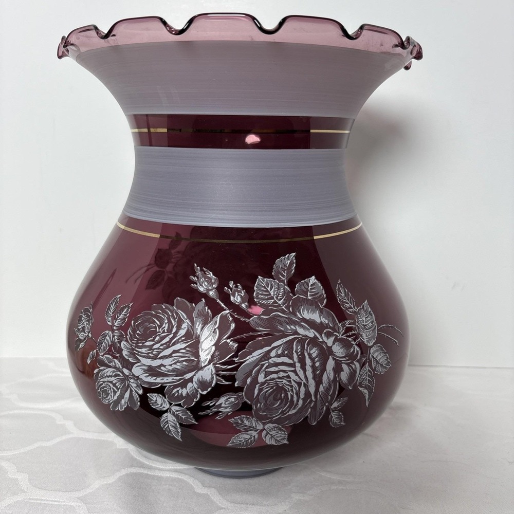 Vintage 11.25" Purple Floral Design Ruffled Amethyst Glass Lampshade Gold Trim